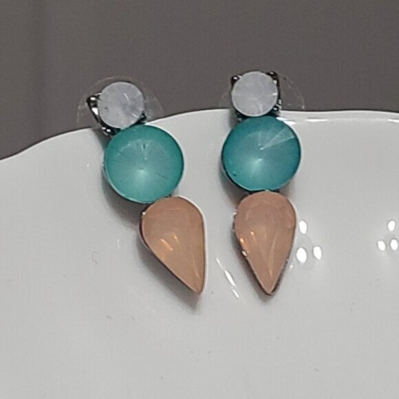 Vintage J Crew Turquoise Orange Crystal Drop Bar Colourblock Geometic Earrings - Picture 3 of 16